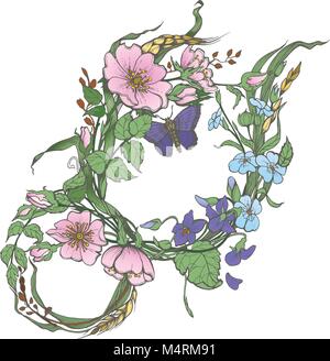 Wild Dog rose Blumen mit Schmetterling Zeichnung Vektor clipart auf weißem Hintergrund. Stock Vektor