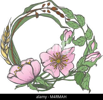 Wild Dog rose Blumen Rahmen Kontur Tinte nach Färbung Seite Zeichnung Vektor clipart auf weißem Hintergrund. Stock Vektor