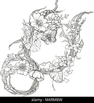 Wild Dog rose Blumen Rahmen Kontur Tinte nach Färbung Seite Zeichnung Vektor clipart auf weißem Hintergrund. Stock Vektor