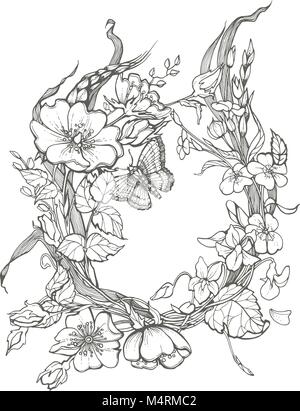 Wild Dog rose Blumen Rahmen Kontur Tinte nach Färbung Seite Zeichnung Vektor clipart auf weißem Hintergrund. Stock Vektor