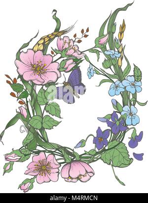 Wild Dog rose Blumen mit Schmetterling Zeichnung Vektor clipart auf weißem Hintergrund. Stock Vektor