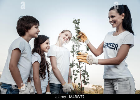 Freudige positive Kinder suchen sich auf dem Baum Stockfoto