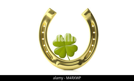 St Patrick's Konzept. Four Leaf Clover und Golden Horse Shoe auf weißem Hintergrund. 3D-Darstellung Stockfoto