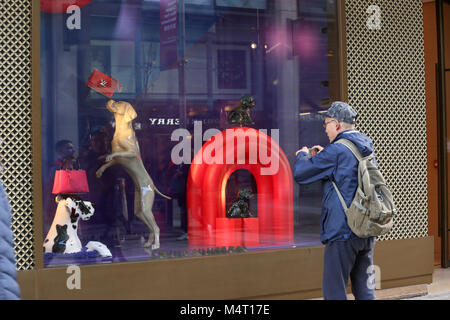 Manchester, Großbritannien. 17 Feb, 2018. Ein Mann hält ein Foto von einem Schaufenster, feiert das chinesische Neujahr mit einem "Jahr des Themas der Hund', Manchester, 17 Februar, 2018 (C) Barbara Cook/Alamy leben Nachrichten Stockfoto