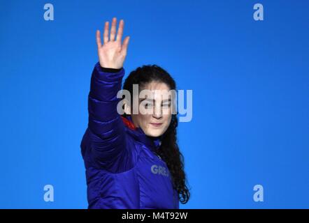 Frauen Skelett. Laura Deas (GBR) feiert. Medaille Zeremonien. Pyeongchang Olympic Plaza. Pyeongchang 2018 Winter Olympics. Alpensia. Republik Korea. 18.02.2018. Credit: Sport in Bildern/Alamy leben Nachrichten Stockfoto