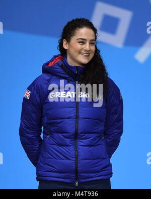 Frauen Skelett. Laura Deas (GBR) feiert. Medaille Zeremonien. Pyeongchang Olympic Plaza. Pyeongchang 2018 Winter Olympics. Alpensia. Republik Korea. 18.02.2018. Credit: Sport in Bildern/Alamy leben Nachrichten Stockfoto