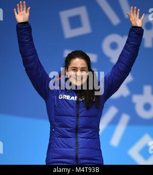 Frauen Skelett. Laura Deas (GBR) feiert. Medaille Zeremonien. Pyeongchang Olympic Plaza. Pyeongchang 2018 Winter Olympics. Alpensia. Republik Korea. 18.02.2018. Credit: Sport in Bildern/Alamy leben Nachrichten Stockfoto