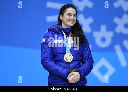 Frauen Skelett. Laura Deas (GBR) mit ihrer Bronzemedaille. Medaille Zeremonien. Pyeongchang Olympic Plaza. Pyeongchang 2018 Winter Olympics. Alpensia. Republik Korea. 18.02.2018. Credit: Sport in Bildern/Alamy leben Nachrichten Stockfoto