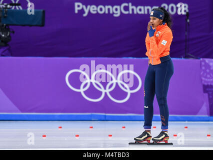 18. Februar 2018, Südkorea, Pyeongchang, Olympics, Eisschnelllauf, Frauen, 500 m, Gangneung Oval: Große Das der niederländischen Mannschaft. Foto: Peter Kneffel/dpa Stockfoto