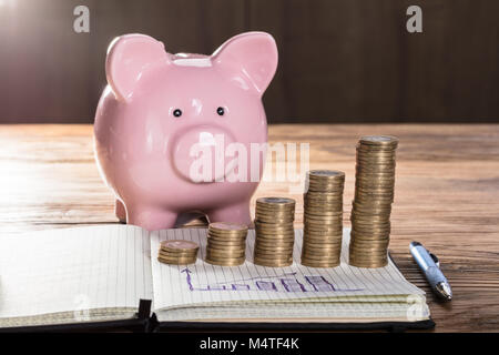 Rosa Sparschwein mit zunehmender Münze Stacks und Grafik auf dem Notebook über die hölzerne Tabelle Stockfoto