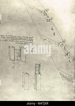 Kanal mit Schleusen und Wehre, gezeichnet von Leonardo Da Vinci, circa 1475-80 Stockfoto