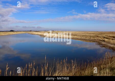 Golden Banken um eine reflektierende Lagune an der Nordsee bei Bawdsey, Suffolk. Stockfoto