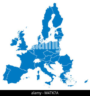Die Europäische Union, auf weißem Hintergrund, mit allen einzelnen Ländern. Alle 28 EU-Mitglieder, farbig in Blau. Politische und wirtschaftliche Union in Europa. Ich Stockfoto