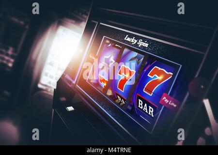 Casino Slot Machine gerenderten 3D-Bild. Lucky Triple Seven drehen. Las Vegas Stil mit einer Hand Bandit Maschine. Stockfoto