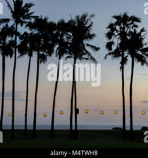 Palm Tree Silhouetten an der Küste in den Abend und einen Kranz mit runden gelben Lichtern. Bali, Indonesien. Quadratisches Bild. Stockfoto