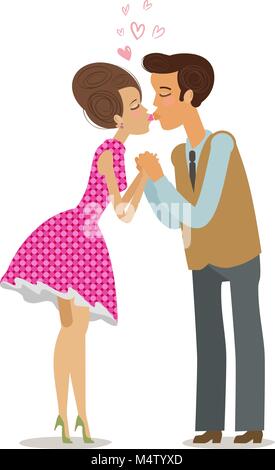 Verliebtes Paar zärtlich auf die Lippen küssen. Romantisches date, kiss Konzept. Cartoon Vector Illustration Stock Vektor