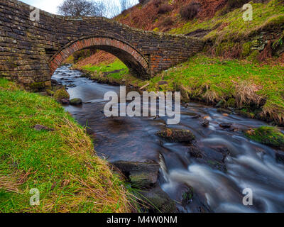 Goyt Die packesel Brücke an Goytsclough auf dem Fluss Goyt im Goyt Valley, einer der schönsten Gegenden des Peak District National Park Stockfoto