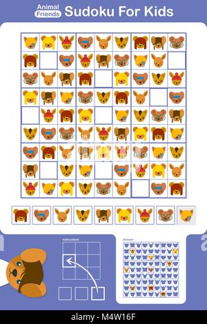 Sudoku einfach druckbare Pädagogische puzzle Raster für die Grundschule Kinder mit neun verschiedenen cute cartoon Tierköpfen, Vector EPS 8 Abbildung Stock Vektor