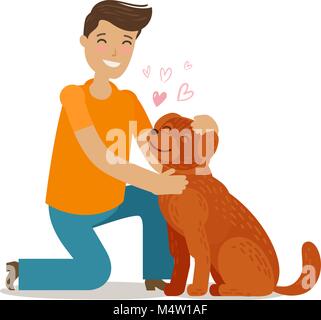 Glückliche junge Mann mit Hund. Haustier, Hündchen, doggie Konzept. Cartoon Vector Illustration Stock Vektor