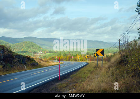 Fylkeveie 42 - lokale Straße Nummer 42 - Eingabe Tal der Otra Fluß, in der Nähe im Zentrum von Norwegen, Europa zu Evje. Stockfoto