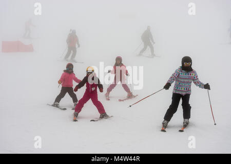 Gruppe der Skifahrer die Pisten der Sierra de Béjar Ski Resort - La Covatilla, Salamanca, Spanien ein Tag der starken Blizzard und Nebel gleiten. Stockfoto