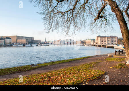 Blick von Skeppsholmen im Herbst in Stockholm. Den Königspalast und das Nationalmuseum der Bildenden Künste im Hintergrund sichtbar. Stockfoto