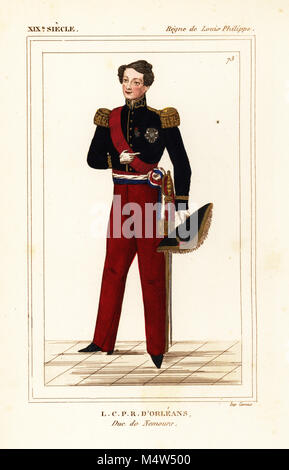 Prinz Louis, Herzog von Nemours, Louis-Charles-Philippe-Raphael d'Orléans, Duc de Nemours 1814-1896. In der militärischen Uniform eines Marechal-de-camp. Papierkörbe Lithographie von Le Bibliophile Jakob aka Paul Lacroix's Kostüme Historiques de la France (Historische Kostüme von Frankreich), Verwaltung de Librairie, Paris, 1852. Stockfoto