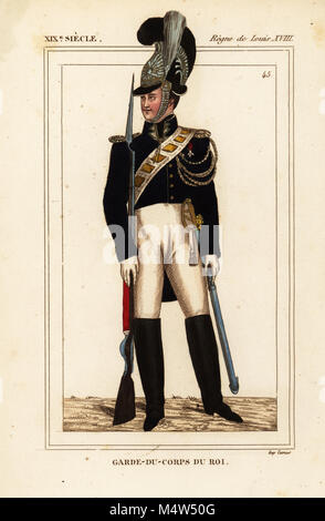 Uniform der King's Bodyguard, Garde-du-Corps de Roi, Louis XVIII pf Frankreich. Papierkörbe Lithographie von Le Bibliophile Jakob aka Paul Lacroix's Kostüme Historiques de la France (Historische Kostüme von Frankreich), Verwaltung de Librairie, Paris, 1852. Stockfoto