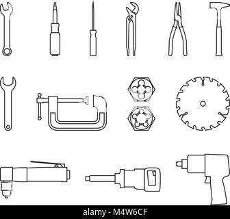 Hand tools Symbol gesetzt. Vektor, dünne Linie Stock Vektor