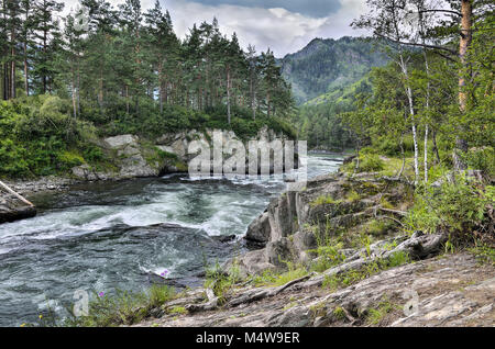 Malerische Sommer Bergwelt mit schnellem Fluss zwischen den Felsen Stockfoto