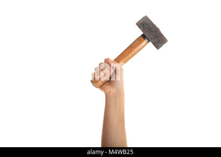 Hand mit einem alten Vintage hammer hand tool auf weißem Hintergrund Stockfoto