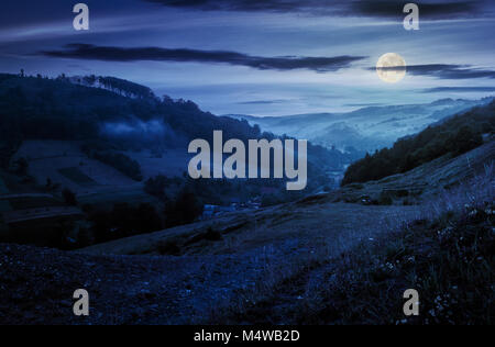 Ländliche Tal mit bewaldeten Hügeln, in der Nacht bei Vollmond Licht. schönen Sommer Landschaft in den Karpaten. Stockfoto