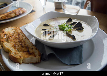 Köstliche Schüssel fish Chowder dekoriert mit Muscheln und Kresse Stockfoto