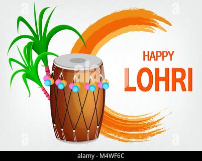 Beliebte winter Punjabi folk festival Lohri. Traditionell eingerichtete Drum und Zuckerrohr. Grußkarte für Urlaub. Vector Illustration auf abstrakte Hinterg Stock Vektor