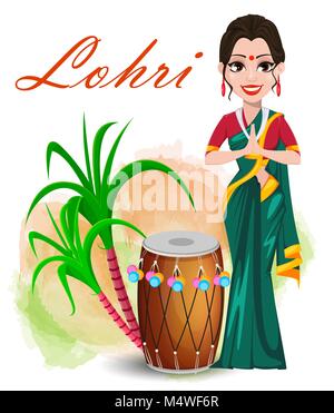 Happy Lohri Grußkarten mit schönen Mädchen in der Nähe von Drum- und Zuckerrohr. Punjabi traditionelles Fest. Vector Illustration auf weißem Hintergrund Stock Vektor