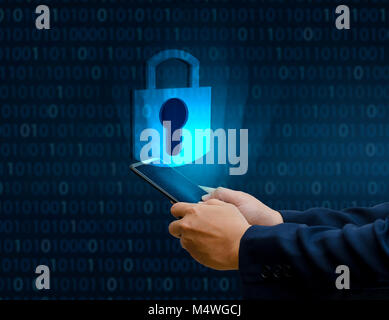 Entsperrtes Smartphone sperren Internet Phone hand Geschäftsleute drücken Sie das Telefon im Internet zu kommunizieren. Cyber Security Konzept Handschutz net Stockfoto