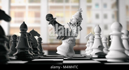 Sieg für das Schach Bauer. Weiß Schach König durch eine schwarze Bauer gebrochen, auf einem Schachbrett, blur Hintergrund. 3D-Darstellung Stockfoto