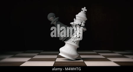 Sieg für das Schach Bauer. Weiß Schach König durch eine schwarze Bauer gebrochen, auf einem Schachbrett, dunklen Hintergrund. 3D-Darstellung Stockfoto