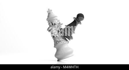 Sieg für das Schach Bauer. Weiß Schach König durch eine schwarze Bauer gebrochen, auf weißem Hintergrund. 3D-Darstellung Stockfoto