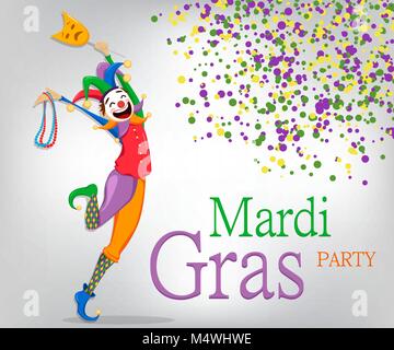 Mardi Gras jester in einer Maske holding Halsketten für Poster, Grußkarten, Party Einladung, Banner oder Flyer auf Hintergrund mit farbigen Punkten. Freundliche c Stock Vektor