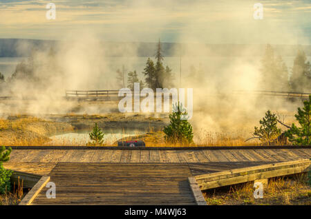 Dämmerung über Yellowstone Lake mit Dampf durch die Bäume aus heißen Quellen. Yellowstone National Park, Wyoming. Stockfoto