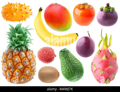 Tropische Früchte Sammlung isoliert. Frische kiwano, Banane, Mango, Kaki, Mangosteen, Ananas, lichee, Kiwi, Avocado, Maracuja und dragonfrui Stockfoto