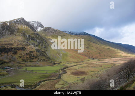 Ogwen Valley Gwynedd im Winter Nationalpark Snowdonia Wales. Stockfoto