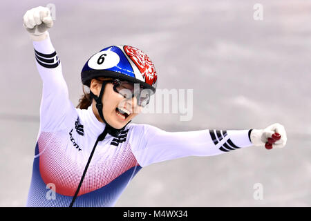 17. Februar 2018, Tainan, Südkorea, Olympics, Shorttrack, 1500 m, Frauen, Finale im Gangneung Ice Arena: minjeong Choi von Südkorea feiert ihren Sieg. Foto: Peter Kneffel/dpa Quelle: dpa Picture alliance/Alamy leben Nachrichten Stockfoto