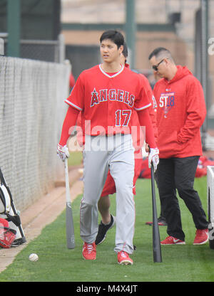 In Tempe, Arizona, USA. 16 Feb, 2018. Shohei Ohtani (Engel) MLB: Los Angeles Engel Spring Training Baseball Camp bei Tempe Diablo Stadion in Tempe, Arizona, United States. Quelle: LBA/Alamy leben Nachrichten Stockfoto