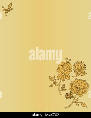 Design mit Blumen und Blätter auf gelbem Hintergrund. Vektor oder Illustration mit floralem Design und Platz für Text oder andere Elemente. Stock Vektor