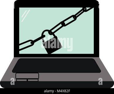 Laptop Computer Symbol mit Kette und Vorhängeschloss in den Bildschirm. Vektor- oder Abbildung auf weißem Hintergrund. Stock Vektor