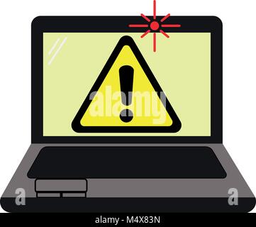 Laptop mit Warnschild über Spionage mit Webcam von einem Hacker oder Spyware. Auf weissem Hintergrund. Stock Vektor