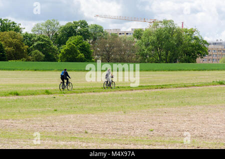 Ein paar Radfahren auf schmalen Pfad durch Felder in Prévessin Moëns, Frankreich Stockfoto