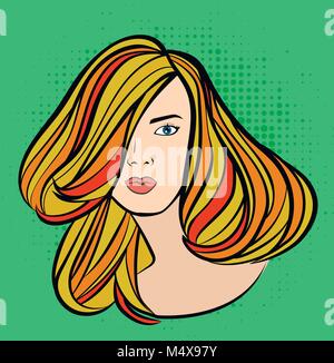 Schöne Frau Gesicht Porträt im Cartoon Pop Art Stil, Vektor Frisur Promo Banner mit gepunkteten Hintergrund Stock Vektor